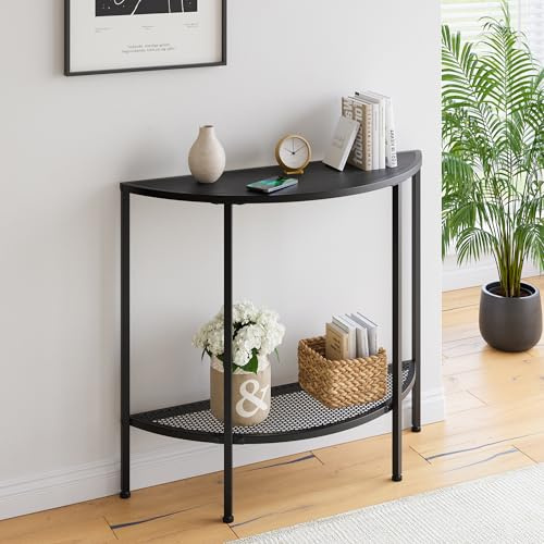 VECOCHO - Tavolo consolle sottile a 2 livelli, tavolino da salotto, piccolo tavolo per ingresso, tavolo semicircolare per soggiorno, camera da letto, balcone, Console Table, Nero
