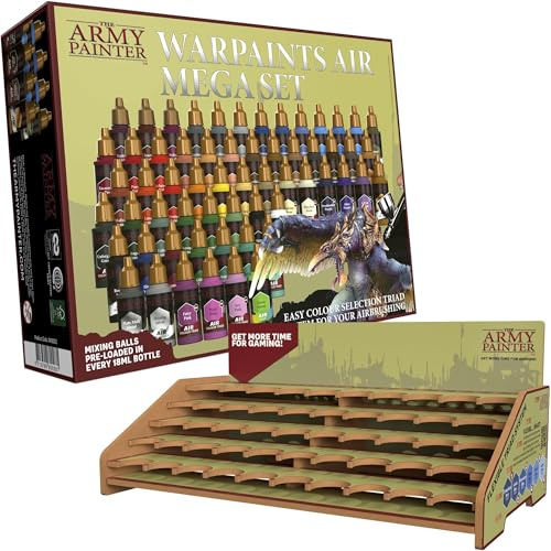 The Army Painter, Warpaints Air Mega Set Combo, 60 x 18 ml Färdigblandade Akrylfärger för Airbrush, Inkl. 9 Metalliska, 1 Fluorescerande & 1 Projektstation - Färg för Minityrmodeller, DnD & Warhammer