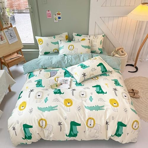 Set di biancheria da letto con copripiumino in 100% cotone, per letto matrimoniale, per bambini, ragazzi, stampa animalier, coccodrillo, leone, verde, per tutte le stagioni, 200 × 200 cm