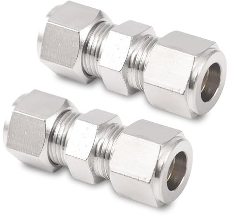 2 Stück 8mm Kompressionsrohr Verschraubung Edelstahl Klemmringverschraubung | Gerade Verschraubungen Klemmverschraubung, Einsetzbar für Rohrleitungen, Luftkompressoren Silver