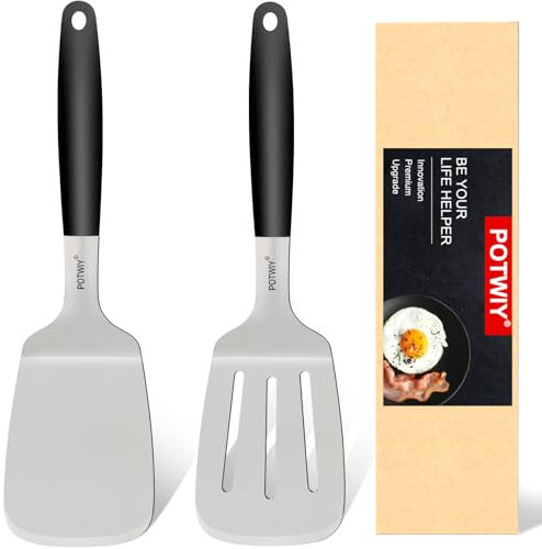 POTWIY Juego de espátulas anchas de acero inoxidable, espátula sólida y ranurada con mango de silicona, espátulas de metal para uso en cocina, sartén de hierro fundido y espátula para plancha,