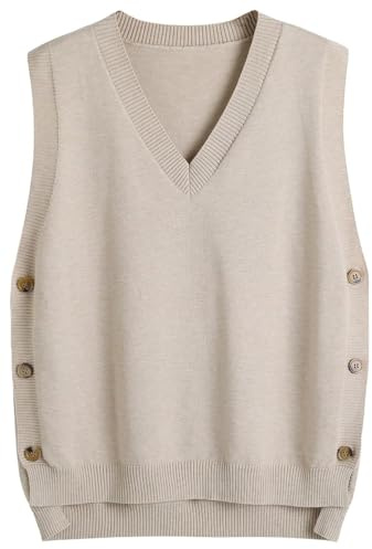 SUNSESS Women's V-Neck Knitted Vest Sleeveless Jumper Side Button Asymmetric Hem Pullover Ribbed Knit Tank Top for Layering (UK, Alpha, L, Regular, Regular, Standard, Light Khaki)