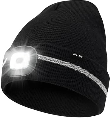 Wmcaps Mütze mit LED Licht, Wintermütze mit 4 LED Lampe, Wiederaufladbare Type-C Strickmütze mit Reflektierendem Lichtstreifen, Winter Warme Geschenke Laufmütze für Herren und Damen