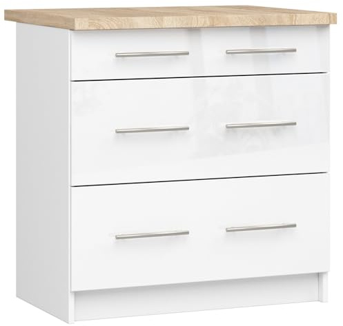 AKORD | Küchenschrank mit Arbeitsplatte - Oliwia S80 | Küchenunterschrank mit 3 Schubladen | Unterschrank Küche 80 cm Breit | ABS-Kante 18 mm | 46 x 80 x 85 cm | Weiß & Weiß glänzend