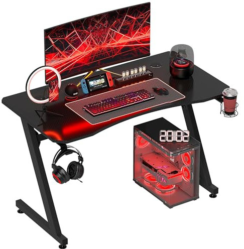 HOMCOM Bureau Gaming 120×60 cm Table Gamer avec Plateau en Fibre de Carbone Support Casque Porte-gobelet Passe-câbles Inclus, Pieds réglables - Bureau d'ordinateur en Acier et Bois Noir