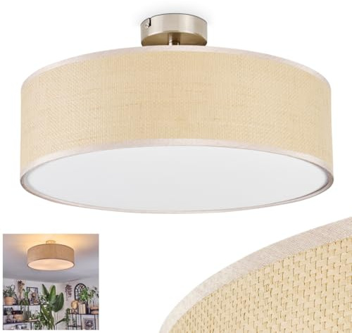 HOFSTEIN Deckenleuchte Foggia, Deckenlampe aus Metall/Papiergeflecht/Stoff/Kunststoff in Nickel-matt/Natur/Beige/Weiß, runde Boho Leuchte (Ø 40 cm), E27, Esszimmer, Wohnzimmer, Schlafzimmer, Küche