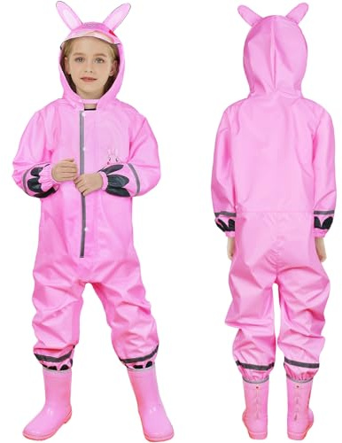 HAGOT Hooded Kids Puddle Suit - All in One Waterproof Lightweight Portable Raincoat, Reusable Rain Jacket for Children 5-10 Years