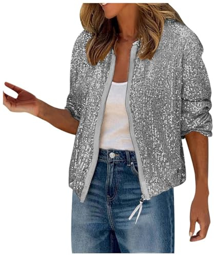 Glitzer Blazer Damen Elegant Anzug - Glänzend Pailletten Jacke Cardigan Langarm Bolero Tops Kurz Oberteile Sakko Einfarbig Blazermantel Party Outwear