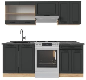 Vicco Küchenzeile R-Line, Anthrazit Landhaus/Goldkraft Eiche, 200 cm | 5 Module · Höhenverstellbare Füße · AP Anthrazit inkl. · MDF-Fronten · Mit Glasschrank · Frei kombinierbar