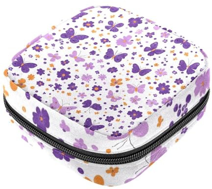 Borsa porta assorbenti con motivo floreale e farfalle viola, borsa per il primo ciclo mestruale per ragazze e donne, porta coppette mestruali femminili