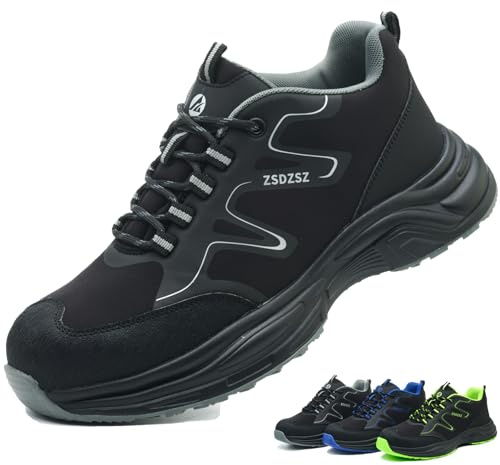 Safety Trainers Men Womens Safety Shoes Lightweight Steel Toe Cap Trainers Breathable Comfortable Work Shoes Non Slip Safety Boots Construction Industrial, Black, UK 5.5