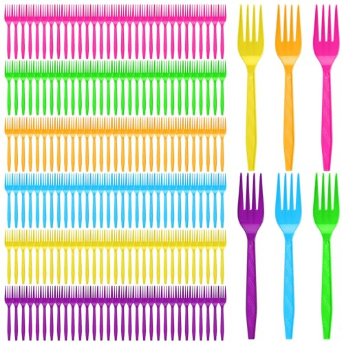 Tioncy 360 Pcs Rainbow Disposable Plastic Forks Bulk Colorful Disposable Cutlery Neon Plastic Forks for Summer Party Picnics Camping Restaurant Outdoor(Rose Red,Orange,Yellow,Green,Blue,Purple)