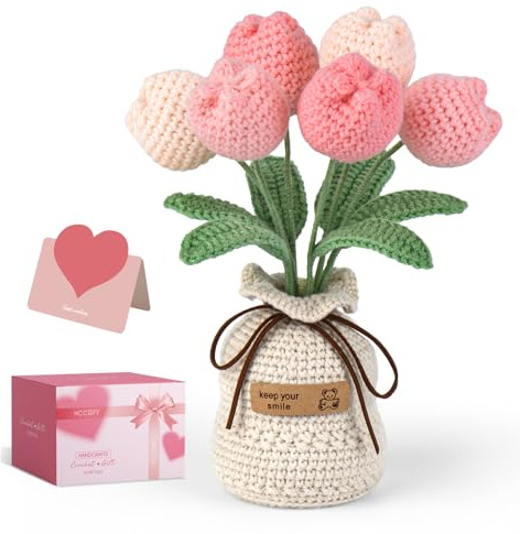Hccgfy Crochet Flowers Bouquet, Knitted Tulips Potted Plant with Gift Box and Card, Gift Ideas for Women,Wife, Moms,Girlfriend - Easter Birthday Mother's Day Anniversary Spring Decoration(Pink)