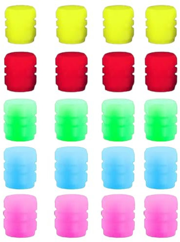 Lot de 20 bouchons de valve lumineux pour voiture - Capuchons de valve de pneu fluorescents universels - Pour voitures, motos, vélos (vert, rose, rouge, bleu, jaune)