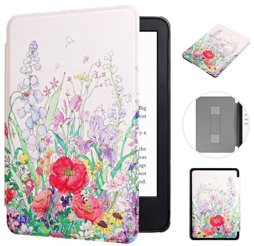 MOKASE Fodral för 7 tum Kindle Paperwhite (12:e generationen, 2024) och Kindle Colorsoft Signature Edition, ultratunt PU-läder hårt skyddande fodral med handrem för 7 tum E-läsare, blombuske