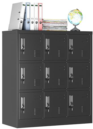 BIZOEIRON Schließfachschrank mit 9 Fächern, abschließbarer Metallschrank, Fächerschrank mit separaten Schlössern, 3 × 3 Fächer, für Büro, Schule, Werkstatt, Fitnessstudio und Betrieb, Schwarz