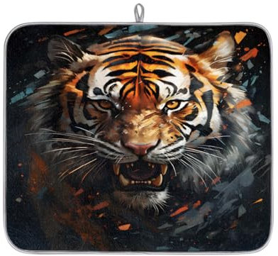 Oil Painting Animal Tiger Absorbent Dish Drying Mat for Kitchen Counter, Reversible Microfiber Dish Drying Pad with Hanging Loop for Glassware Utensils Pots 16x18 in