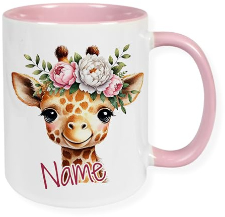 GRAZDesign Personalisierte Kindertasse Rosa mit Giraffe Motiv und Namen - Geschenk für Mädchen 330ml