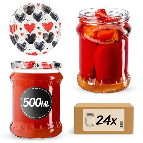 KADAX Einmachgläser 500ml TO82, Sturzgläser Mason Jar mit Schraubdeckel, Luftdichte Twist-off Gläser, Meal Prep, Overnight Oats, Sauerteig (Herzen, 24 Stück)