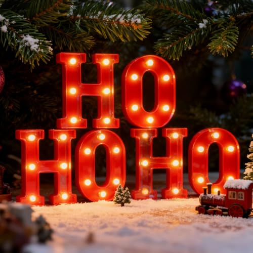 Festive HO HO HO Christmas Decor, LED Light Up Letters Sign, Battery Powered Christmas Decorations Indoor for Home Tabletop, Bar & Xmas Party, Perfect for Holiday Present & Indoor Decor Accent