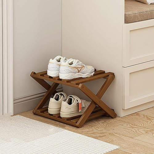 Zapatero estrecho de madera de 2 niveles, estante de almacenamiento plegable independiente para espacios pequeños, ideal para entrada, pasillo, armario, sala de estar, acabado de nogal