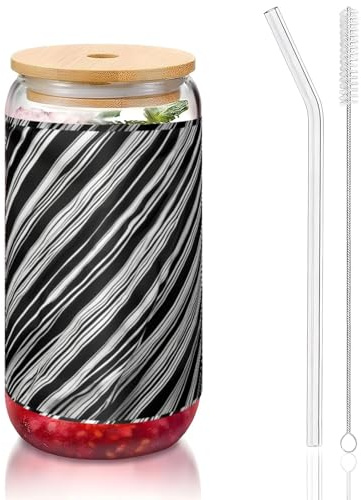 YBGHDAA 1 vaso con tapa y pajita, diseño de rayas blancas y negras, ideal para whisky, cerveza, té