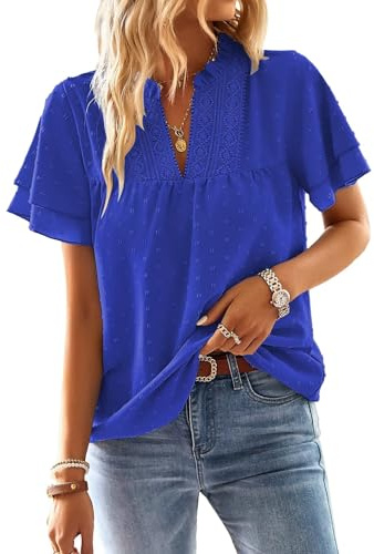 TUUHAW Women Tops Summer V Neck Short Sleeve Ruffle Shirts Casual Crochet | Cute Elegant Blouses, Flowy Lace Hem Boho Clothing, Plain Loose Peasant Tunic Tops, Smocked Business Top, for Daily Wear