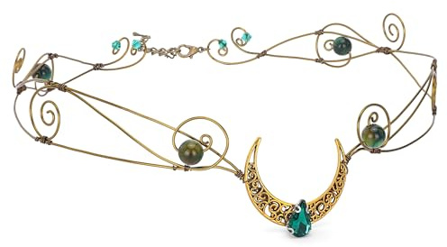 PartyforU Wikinger Kostüm Damen Krone Feenelfen Vintage Mondkristall Tiara für Renfaire Halloween Handgemachte Mittelalterliche Retro Bronzekrone für Erwachsene zum Kostümieren