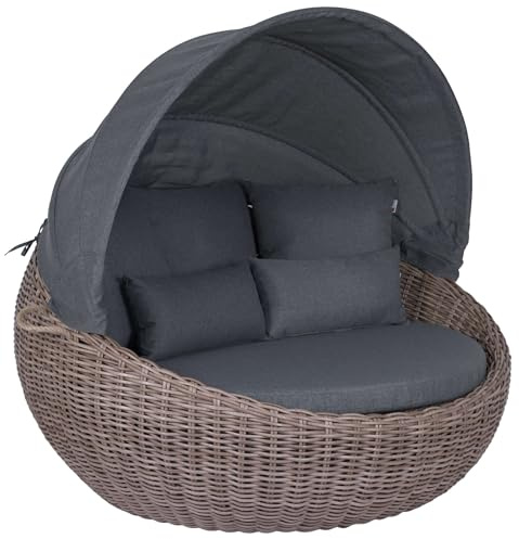 MR. DEKO Sonneninsel Marano PE Rattan Braun Dunkelgrau | Luxus Loungeinsel Garten Wetterfest | Runde Sonnenliege mit Dach Klappbar | Inklusive 5 Kissen | Lounge mit Abdeckung