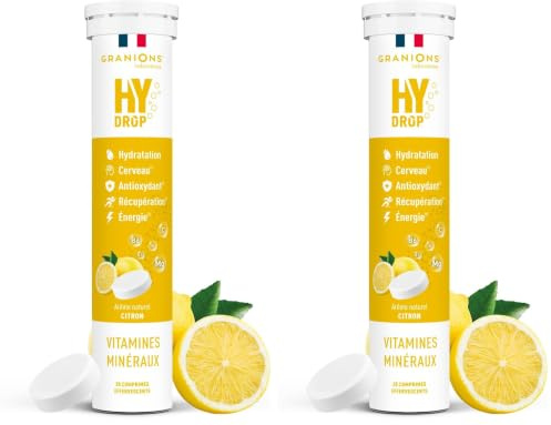 GRANIONS HYDROP - Pastilles Hydratation - Citron - SANS SUCRES - Fabriqué en France - Electrolytes Hydratation - Vitamines, Minéraux, Magnesium - 20 Pastilles Effervescentes (Lot de 2)