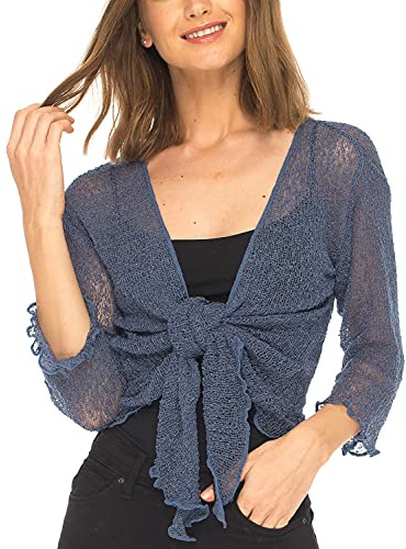 SHU-SHI, donne - Cardigan con coprispalle velato in maglia leggera, jeans blu, taglia unica
