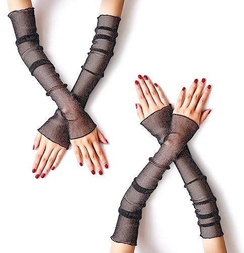 MUYDZ 2 Pair Women's Long Arm Sleeves with Lace Mesh Tulle, Cooling and Warming Dual Purpose Sun Sleeves for Women, Girls