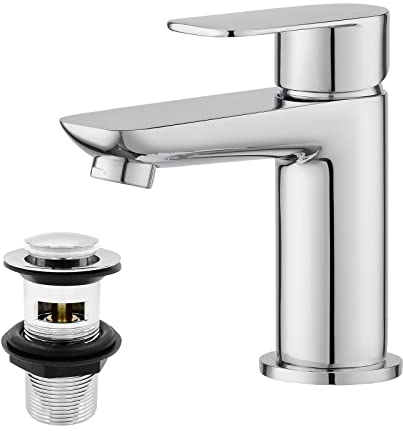 Black Basin Taps with Pop Up Waste, BATHWEST Modern Monobloc Chrome Brass Matte Black Bathroom Sink Taps for Basin with Drainer 922MC