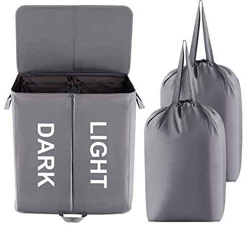 Lifewit 136L Double Laundry Hamper with Lid and Removable Laundry Bags, Large Divided Hamper, Collapsible 2 Section Laundry Basket with Handles for Bedroom, Bathroom, College Dorm, Laundry Room, Grey