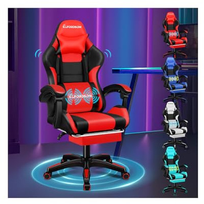 ELFORDSON 2-point Massage Gaming Chair with Extra Large Lumbar Support Head Pillow Footrest, Ergonomic Computer Racing Chairs High Back 150° Recliner Adjustable for Kids Adults, Red & Black