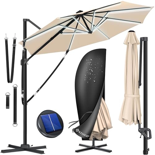 KESSER® Parasol SUN Redondo XL Ø330 cm Con LED Solar Sombrilla de Jardín con Cubierta + Seguridad Viento Ajustable 7 Posiciones Giratorio Inclinable Gira 360° Manivela Protección Solar UV50+ Beige