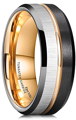 King Will Loop Wolframkarbid Hochzeit Band 8mm Rose Gold Line Ring Schwarz und Silber gebürstet Comfort Fit
