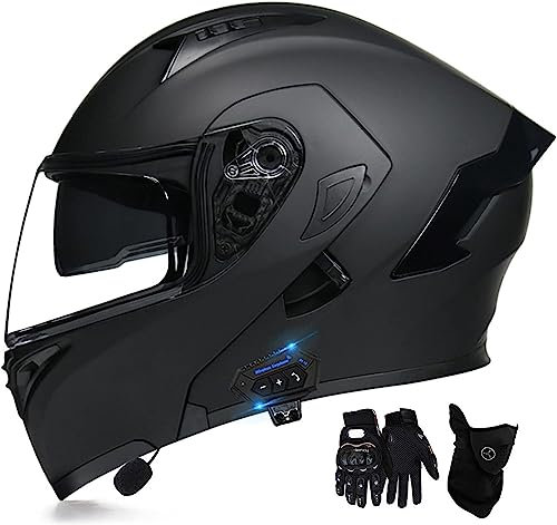 Motorcycle Bluetooth Modular Flip Up Helmet Anti-Fog Double Visor DOT/ECE Approved Full Face Helmet Built-in Dual Speaker with Microphone Adult Men and Women (A M=57~58CM)