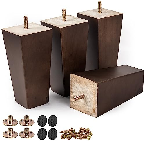 Btowin Solid Wood Furniture Legs 12-inch / 30cm, Pack of 4 Heavy Duty Pyramid Replacement Feet with M8 Hanger Bolts & Mounting Plates, for High Bed Wardrobe Storage Cabinet, Mid-Century Modern