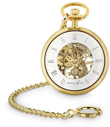 Hermann Jäckle Limburg Skelett Taschenuhr Mineralglas Handaufzug Kette & Reiseetui 41 mm