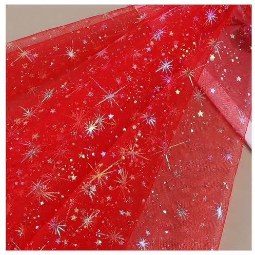 Egurs Tüllstoff Meterware mit Glitzernde Stern 200×150cm Tüll Dekoband Weich Garn Tuch Tüll Deko Stoffe Hochzeit Tüllband Organza Stoffe zum Nähen für DIY Bekleidung Tutu Rock Rot 2 Meter