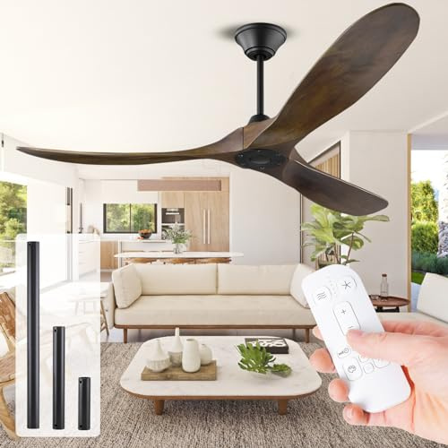 Moderner Deckenventilator mit Fernbedienung ohne Licht, 152 CM/60 Zoll Deckenventilator Outdoor, Deckenventilatoren Holz, 6-Gang Reversible DC Motor für Innen/Außen, Vier Jahreszeiten, Super Leise