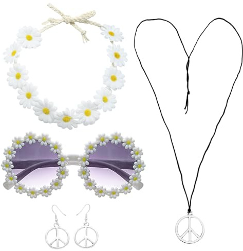 FUIPVGI 5-teiliges Hippie-Kostüm-Set, 60er- und 70er-Jahre, Hippie-Zubehör, Gänseblümchen-Haarband, Hippie-Brille, Friedenszeichen-Halskette, Friedensohrring, Ankleidezubehör, Hippie-Partyzubehör