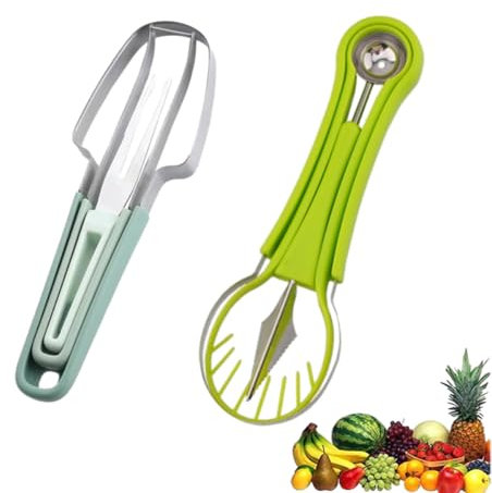 Juego de Rebanadora de Sandía, Cuchillo de Sandía Multifuncional, 4 en 1 de Herramientas de Escultura de Frutas y Cortadores de Frutas 3 en 1 de Acero Inoxidable