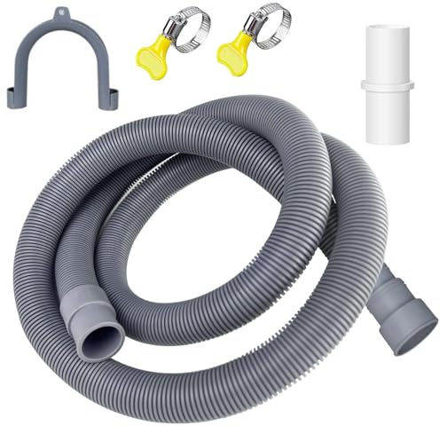 Universals Ablaufschlauch Verlängerung 1,5m mit Bügel, Ablaufschlauch Waschmaschine/Spülmaschine, Abwasserschlauch mit Verbinderl und 2 Schlauchschellen, Passend für ø 32/34/38/42mm (Zuschneidbar)