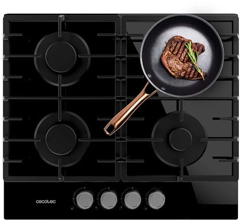 Cecotec Placa de Gas Butano y Natural 4 Fuegos Bolero Squad G 4200F Glass Black. 8000W, Cristal Negro, Parrillas Completas Hierro Fundido, WOK Triple Corona, Encendido Eléctrico, Sistema Seguridad