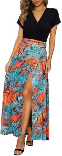 Newshows Sommerkleid Damen Lang Maxikleid Sommer V Ausschnitt Kleid Schlitz Elegant Spaghettiträger Freizeitkleid für Hochzeitsgäste