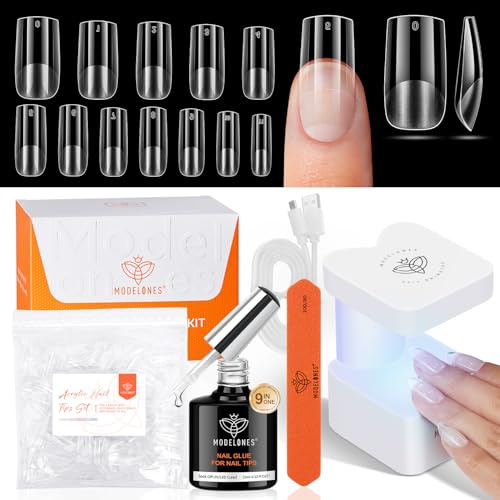 modelones Nageltips and Glue Gel Kit, Medium Quadrat Full Cover Nail Tips Set, 9 in One Nagelkleber & Uv Lampe Klein, 216 Pcs 12 Größen Nagel Tips Set für Nagelverlängerung DIY Salon Geschenke