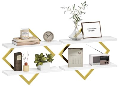 CHOEZON Wandregal, 2er-Set, Schweberegal, 2-stöckige Hängeregale, für Wohnzimmer, Schlafzimmer, Küche, Büro, Weiß und Goldfarben DTBJ01P2JW