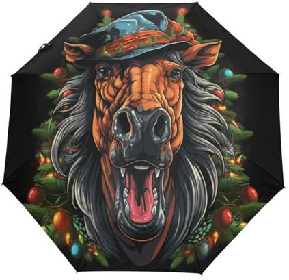 DDDIYEU Pferd Im Weihnachtsstil Regenschirm Taschenschirm Auf-Zu Automatik Schirme Leicht UV-Schutz für Reise Jungen Mädchen Strand
